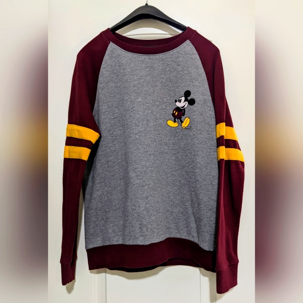 Vintage Disney Mickey Mouse Varsity Striped Sweatshirt Maroon Grey Gold Small